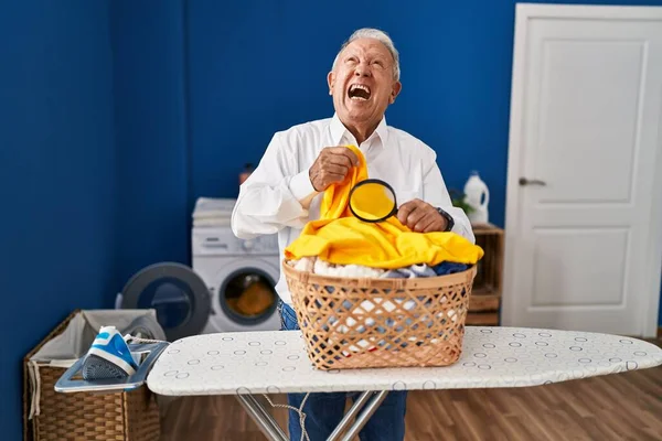 Senior Man Grey Hair Holding Magnifying Glass Looking Stain Clothes — Foto de Stock