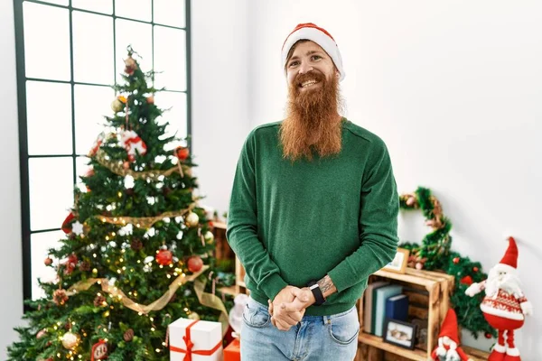 Redhead Man Long Beard Wearing Christmas Hat Christmas Tree Hands — Φωτογραφία Αρχείου