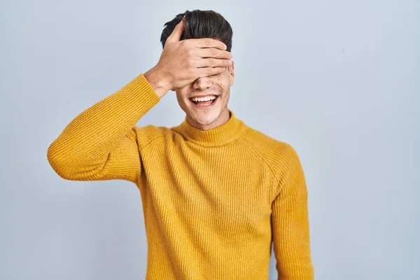 Young Hispanic Man Standing Blue Background Smiling Laughing Hand Face — Zdjęcie stockowe