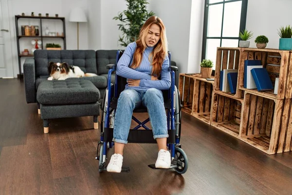 Young Beautiful Woman Sitting Wheelchair Home Hand Stomach Because Indigestion — Stock fotografie