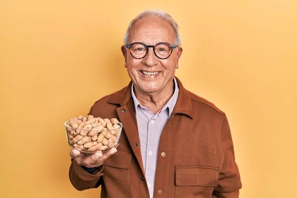 Senior Man Grey Hair Holding Peanuts Looking Positive Happy Standing — Fotografia de Stock