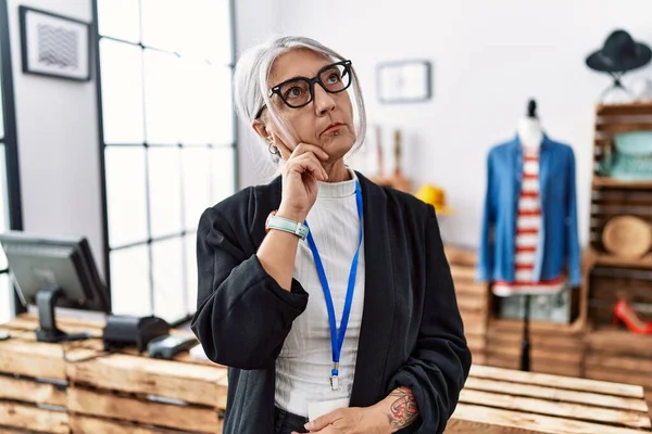 Middle Age Grey Haired Woman Working Manager Retail Boutique Hand — Stockfoto
