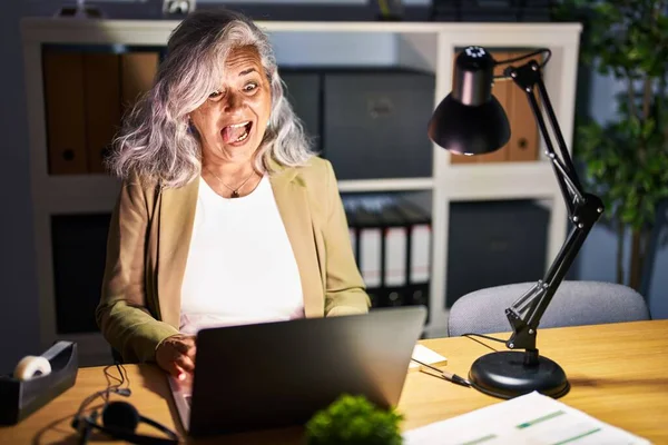 Middle Age Woman Grey Hair Working Using Computer Laptop Late — Fotografia de Stock