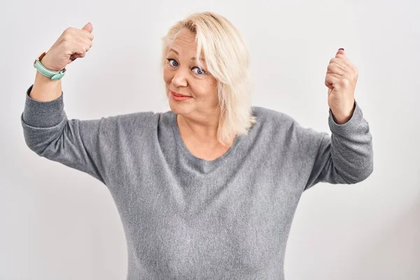 Middle Age Caucasian Woman Standing White Background Showing Arms Muscles — Stok fotoğraf