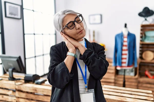 Middle Age Grey Haired Woman Working Manager Retail Boutique Sleeping — ストック写真