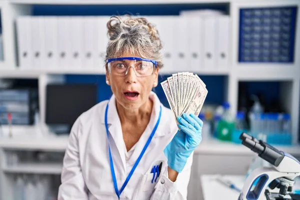 Mujer Mediana Edad Que Trabaja Laboratorio Científico Sosteniendo Dólares Asustado — Foto de Stock