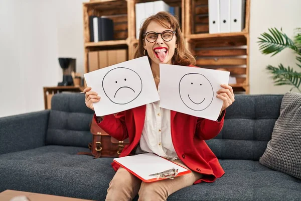 Young Beautiful Woman Working Depression Holding Sad Happy Emotion Paper — Fotografia de Stock