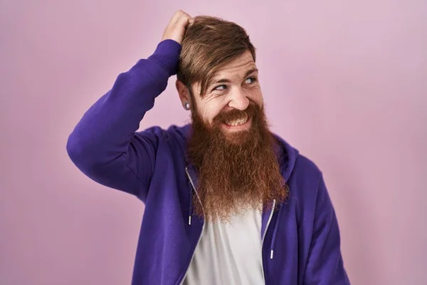 Caucasian Man Long Beard Standing Pink Background Confuse Wonder Question — Stockfoto