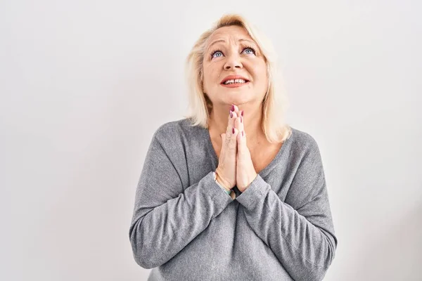Middle Age Caucasian Woman Standing White Background Begging Praying Hands — Foto Stock