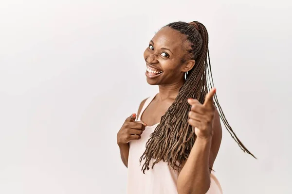 Black Woman Braids Standing Isolated Background Pointing Fingers Camera Happy — Foto de Stock