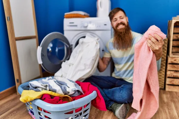 Young Redhead Man Smiling Confident Washing Clothes Laundry Room — 图库照片