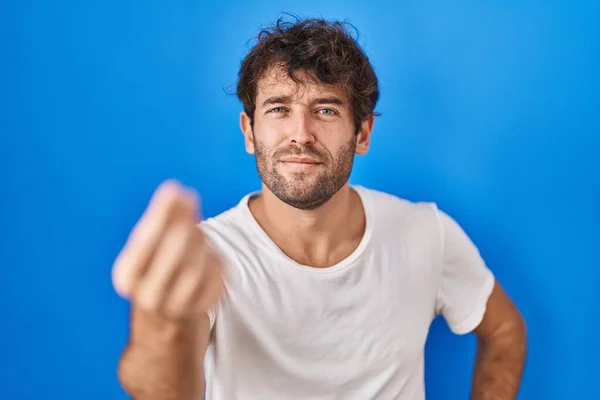 Hispanic Young Man Standing Blue Background Doing Italian Gesture Hand — Stock Photo, Image