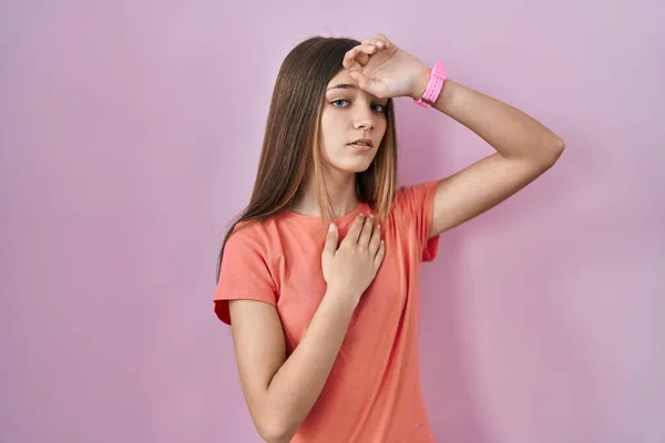 Teenager Girl Standing Pink Background Touching Forehead Illness Fever Flu — 图库照片