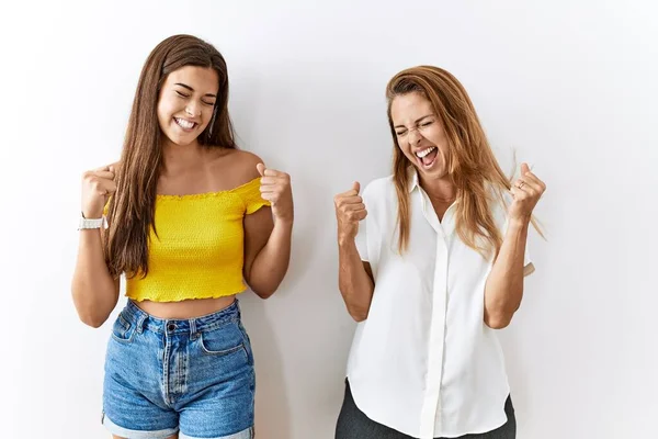 Mother Daughter Together Standing Together Isolated Background Very Happy Excited — Φωτογραφία Αρχείου