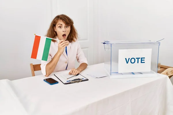 Beautiful Caucasian Woman Political Campaign Election Holding Hungary Flag Scared — Foto de Stock