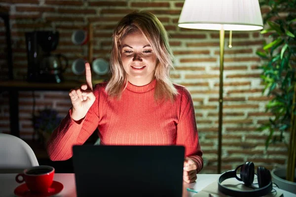 Blonde Woman Using Laptop Night Home Showing Pointing Finger Number — Stockfoto