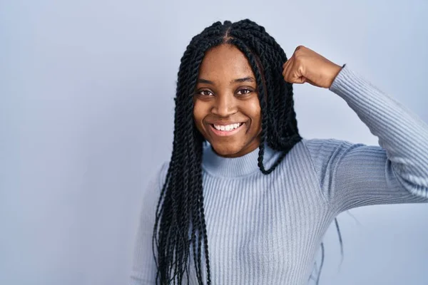 African American Woman Standing Blue Background Strong Person Showing Arm — Photo