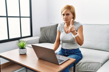 Middle age blonde woman using laptop at home pointing with finger up and angry expression, showing no gesture 
