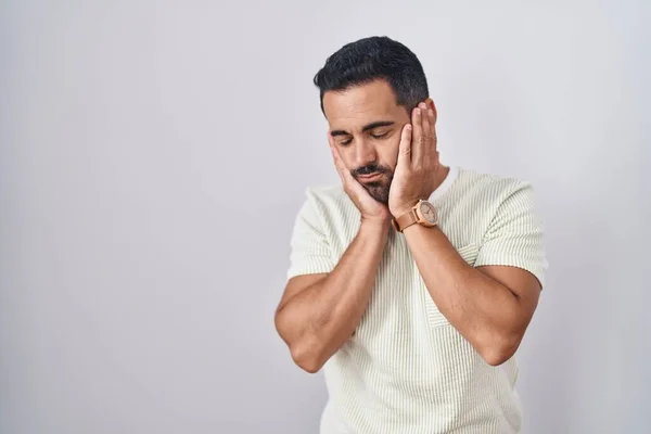 Hispanic Man Beard Standing Isolated Background Tired Hands Covering Face — Stock Photo, Image