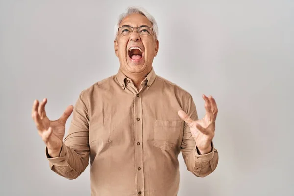 Hispanic Senior Man Wearing Glasses Crazy Mad Shouting Yelling Aggressive — Stockfoto