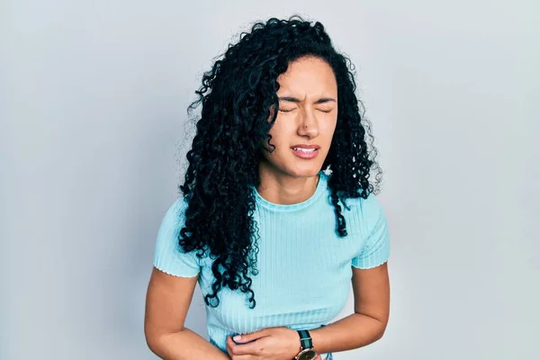 Young Hispanic Woman Curly Hair Wearing Casual Blue Shirt Hand — 스톡 사진