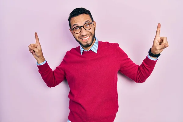 Hispanic Man Beard Wearing Business Shirt Glasses Smiling Amazed Surprised — Stok fotoğraf