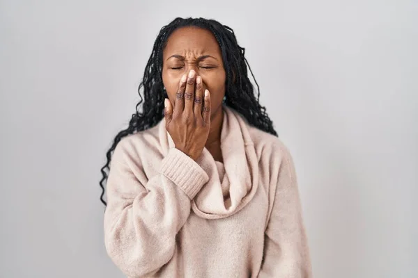 African Woman Standing White Background Bored Yawning Tired Covering Mouth — Fotografia de Stock