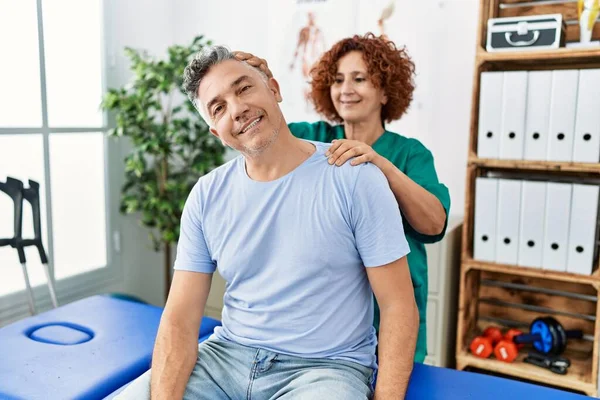 Middle Age Man Woman Wearing Physiotherapy Uniform Having Rehab Session — 图库照片