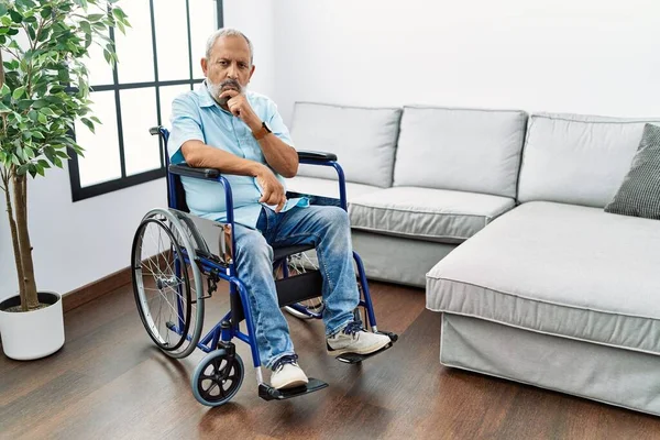 Handsome Senior Man Sitting Wheelchair Living Room Looking Confident Camera — Fotografia de Stock