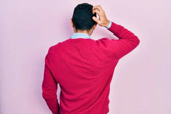 Hispanic Man Beard Wearing Business Shirt Glasses Backwards Thinking Doubt — Foto Stock