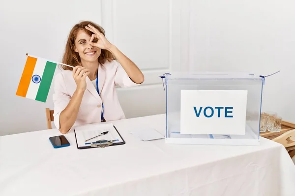 Beautiful Caucasian Woman Political Campaign Election Holding India Flag Smiling — Foto Stock