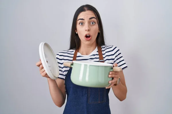 Young Brunette Woman Wearing Apron Holding Cooking Pot Afraid Shocked — Photo