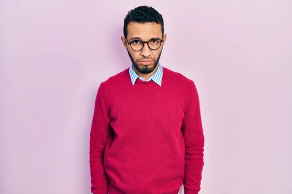 Hispanic Man Beard Wearing Business Shirt Glasses Depressed Worry Distress — Stockfoto