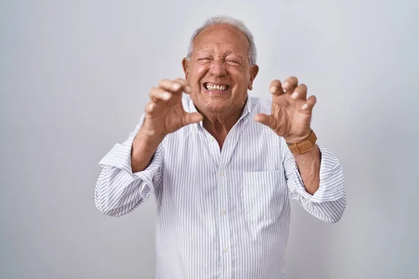 Senior man with grey hair standing over isolated background smiling funny doing claw gesture as cat, aggressive and sexy expression