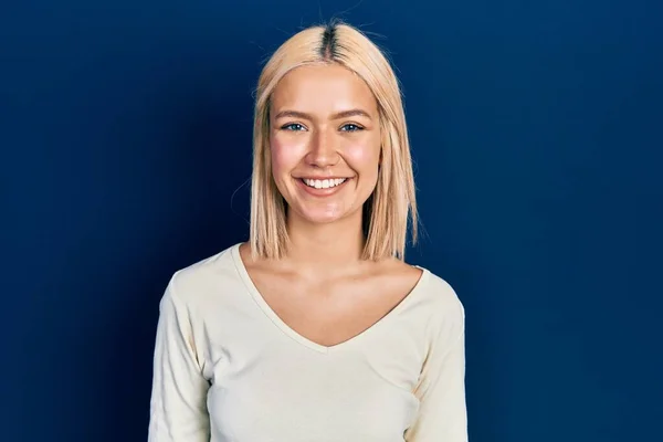 Beautiful Blonde Woman Wearing Casual Sweater Happy Cool Smile Face — Stockfoto