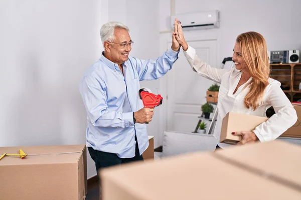Middle Age Man Woman Couple High Five Hands Raised New — Foto Stock