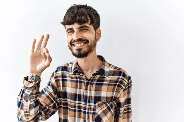 Hispanic Man Beard Standing Isolated Background Smiling Positive Doing Sign — Stockfoto