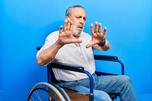 Handsome Senior Man Beard Sitting Wheelchair Doing Stop Gesture Hands — Foto Stock