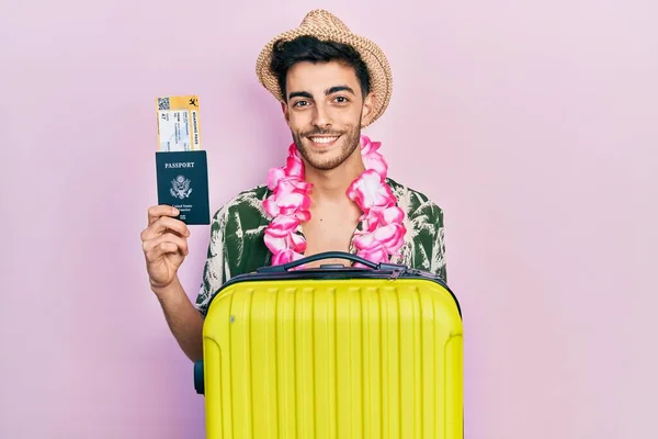 Young Hispanic Man Wearing Summer Style Hawaiian Lei Holding Passport — Stock Photo, Image