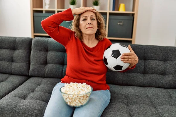 Middle Age Caucasian Soccer Fan Watching Football Game Home — Zdjęcie stockowe