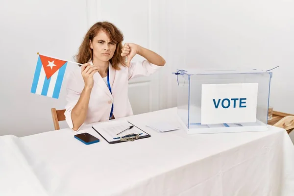 Beautiful Caucasian Woman Political Campaign Election Holding Cuba Flag Angry — Stock Photo, Image