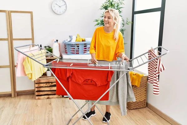 Young Blonde Girl Smiling Happy Doing Laundry Home — Stock Photo, Image
