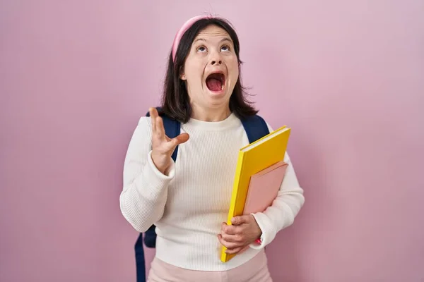 Woman Syndrome Wearing Student Backpack Holding Books Angry Mad Screaming — Fotografia de Stock