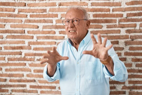 Senior Man Grey Hair Standing Bricks Wall Afraid Terrified Fear — Fotografia de Stock