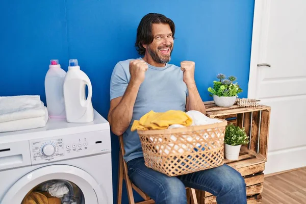 Handsome Middle Age Man Waiting Laundry Very Happy Excited Doing — Fotografia de Stock
