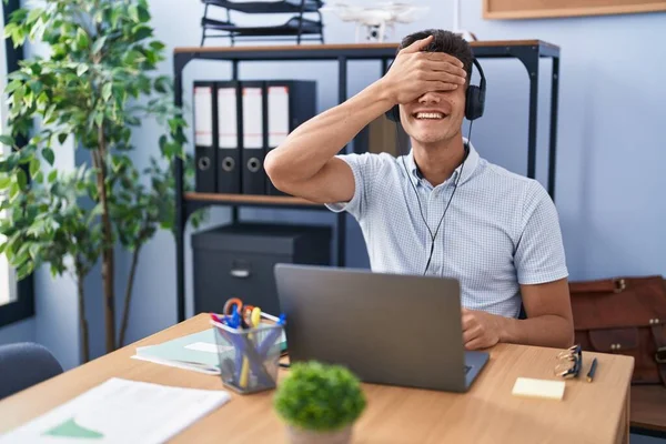 Young Hispanic Man Working Office Wearing Headphones Smiling Laughing Hand — Fotografia de Stock