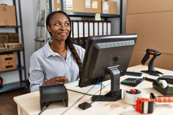 African Woman Working Small Business Ecommerce Smiling Looking Side Staring — Photo