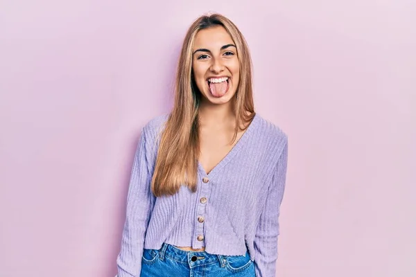 Beautiful Hispanic Woman Wearing Casual Shirt Sticking Tongue Out Happy — Stock Photo, Image