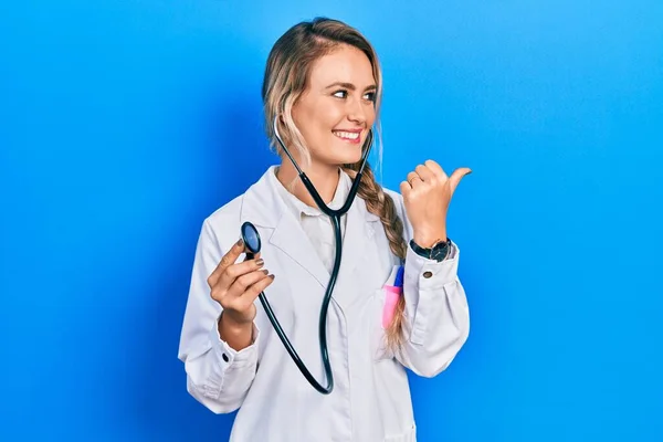 Beautiful Young Blonde Doctor Woman Holding Stethoscope Smiling Happy Face — Stock Photo, Image