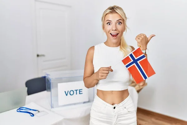 Young Caucasian Woman Political Campaign Election Holding Norway Flag Pointing — Stok fotoğraf